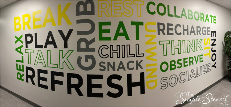 Large business office and school admin office display idea using colorful decal words with a DIY installation. Match colors to your school or business logo and select from many sizes from small to extra large wall size decals. 