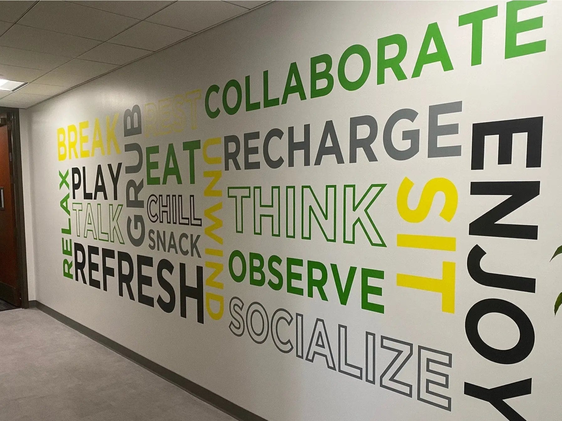 Large word wall for business entry way to greet visitors with a positive and relaxing atmosphere. Customized colors and many sizes to fit any business wall display size and decor or logo colors.