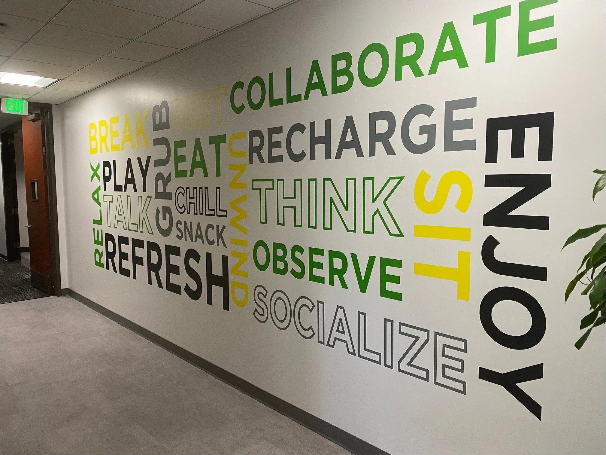 Large word wall for business entry way to greet visitors with a positive and relaxing atmosphere. Customized colors and many sizes to fit any business wall display size and decor or logo colors.