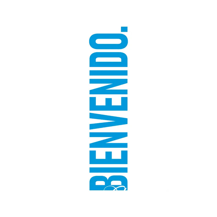 Blue vertical text bienvenido wall decal on white background for a large modern bienvenido wall to welcome guests