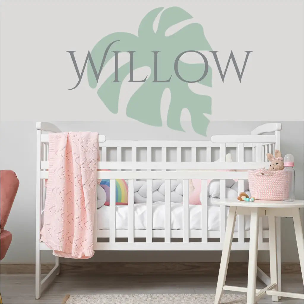 custom-baby-name-willow-decal-over-monstera-leaf-in-nursery