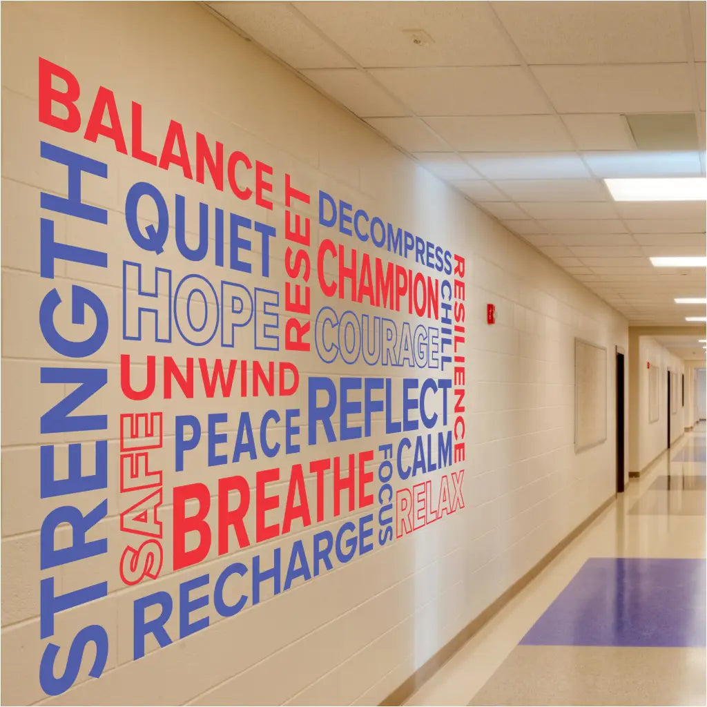 Positive affirmation word collage decal on a school hallway wall to inspire students and staff.