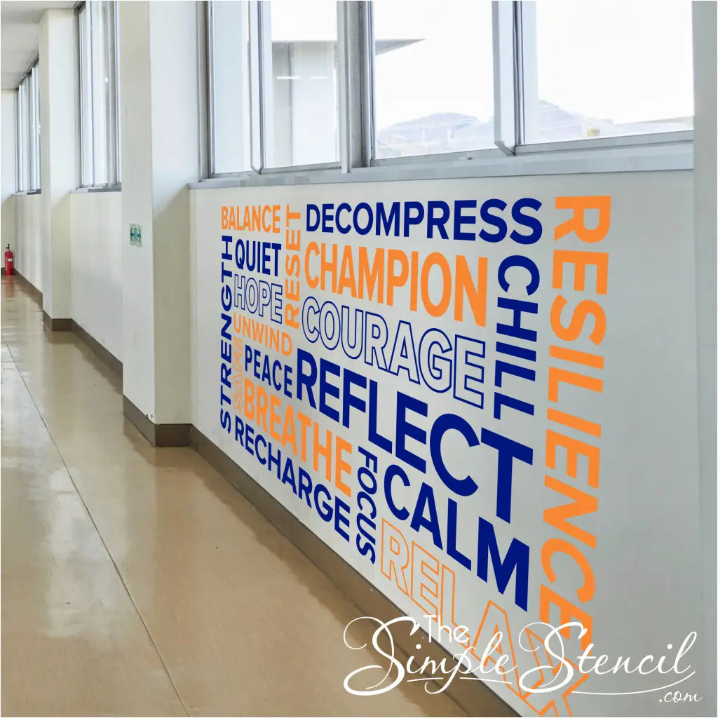 Illustration of a custom word wall decal for a school hallway