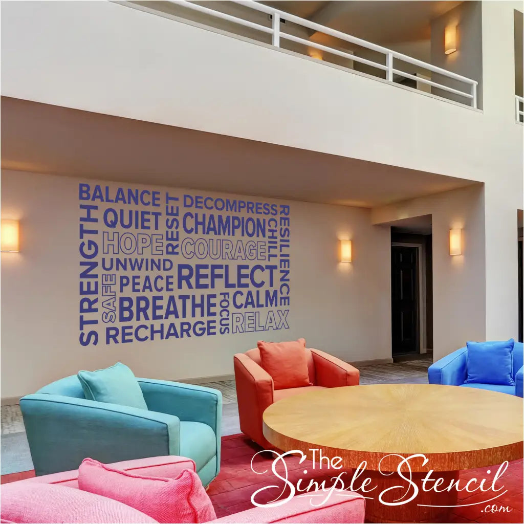 A student lounge with a large "SELF ACCEPTANCE" decal prominently displayed.