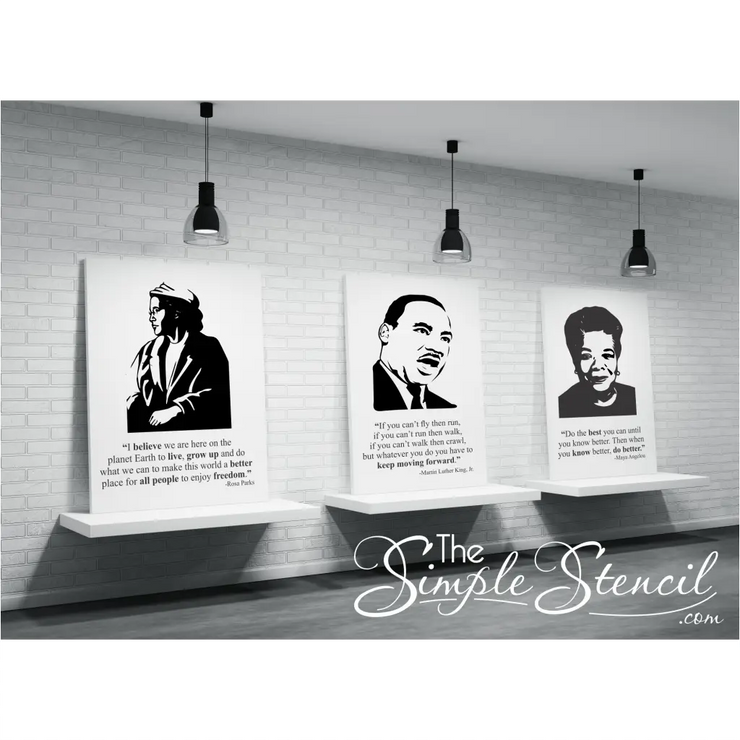 Three large canvas prints of Rosa Parks, Martin Luther King, Jr. and Maya Angelou along with one of their inspiring quotes for display during any Black History celebration or event. 