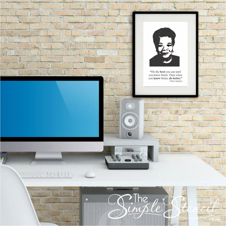 A smaller poster print of Maya Angelou face silhouette over one of her most motivational quotes for display over a desk, in a classroom or school or for any Black History Month celebration or event. 