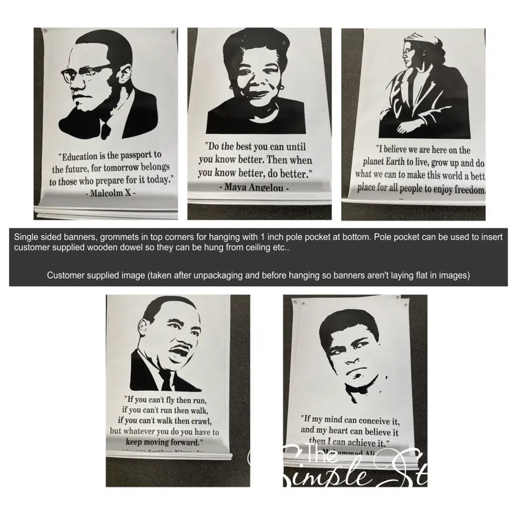 a collection of hanging banners of quotes by and images of black leaders to use as educational displays in schools or government organizations during black history month and beyond. 