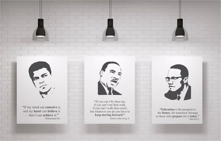 Set of three Black Leader Poster Prints For School and Classroom Display during Black History Month or in any American History Classroom. Each poster displays a face silhouette image alongside a quote by Muhammad Ali, Martin Luther King, Jr. Maxcolm X, Maya Angelou and Rosa Parks.