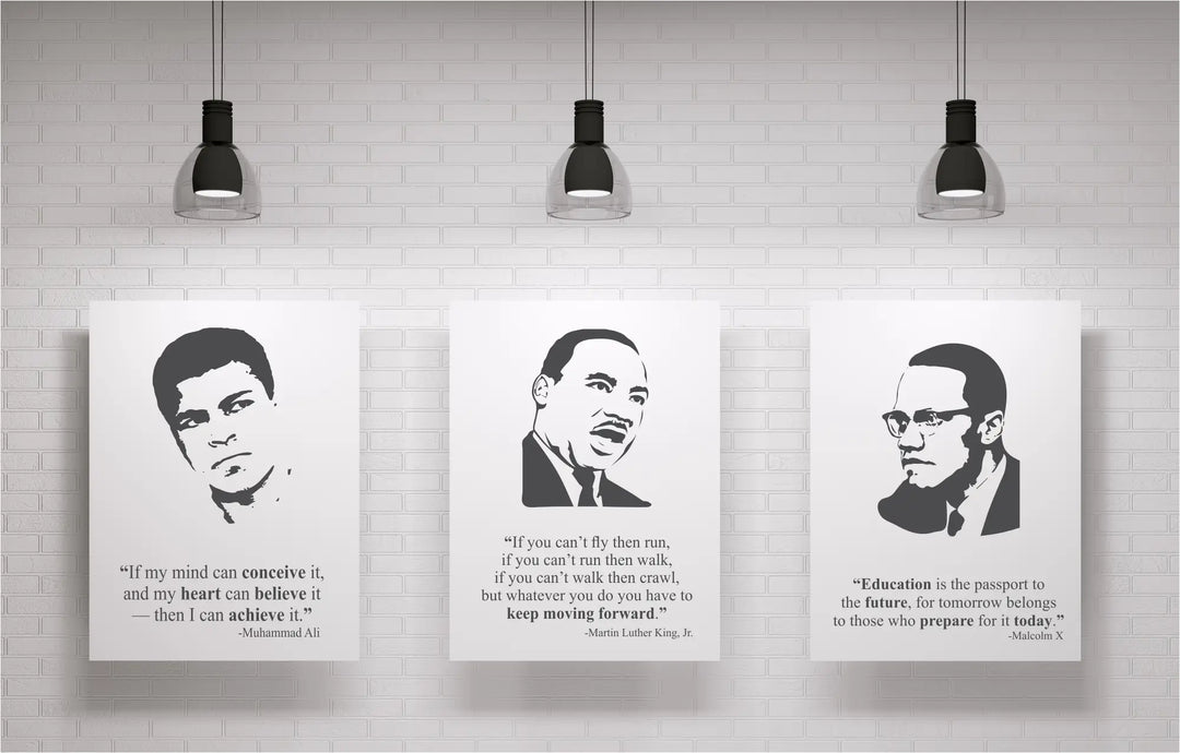 Set of three Black Leader Poster Prints For School and Classroom Display during Black History Month or in any American History Classroom. Each poster displays a face silhouette image alongside a quote by Muhammad Ali, Martin Luther King, Jr. Maxcolm X, Maya Angelou and Rosa Parks.