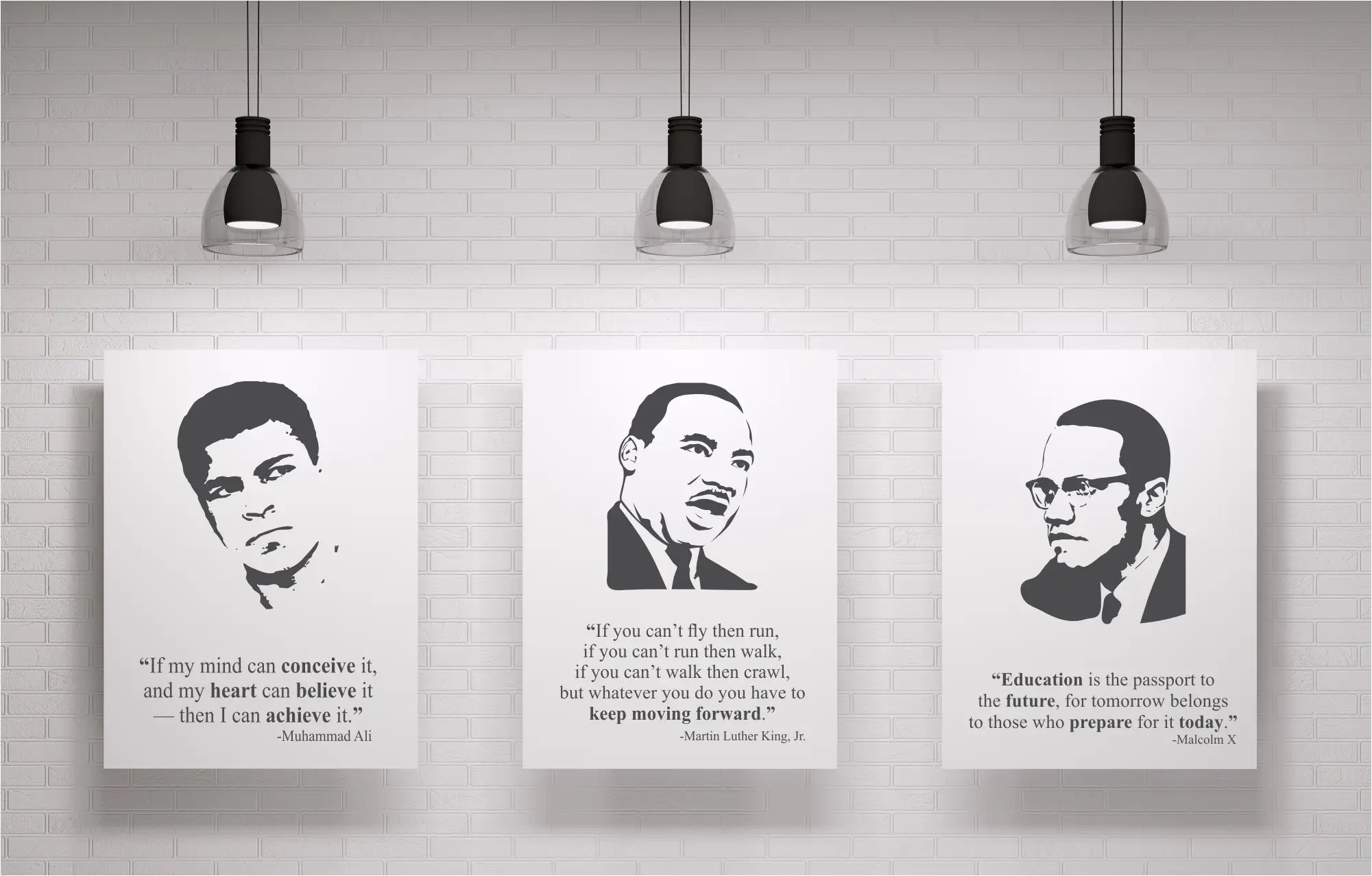Set of three Black Leader Poster Prints For School and Classroom Display during Black History Month or in any American History Classroom. Each poster displays a face silhouette image alongside a quote by Muhammad Ali, Martin Luther King, Jr. Maxcolm X, Maya Angelou and Rosa Parks.