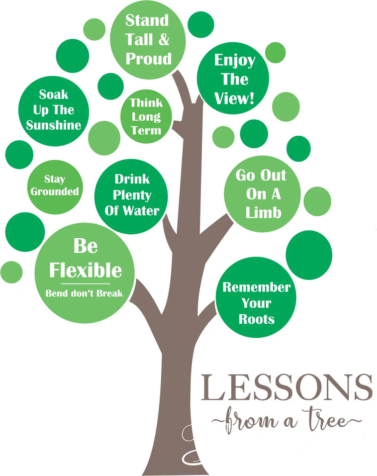 Lessons from a tree - large tree decal display for school walls to decorate and inspire students. Stand tall and pround, enjoy the view, soak up the sunshine, drink plenty of water....etc.