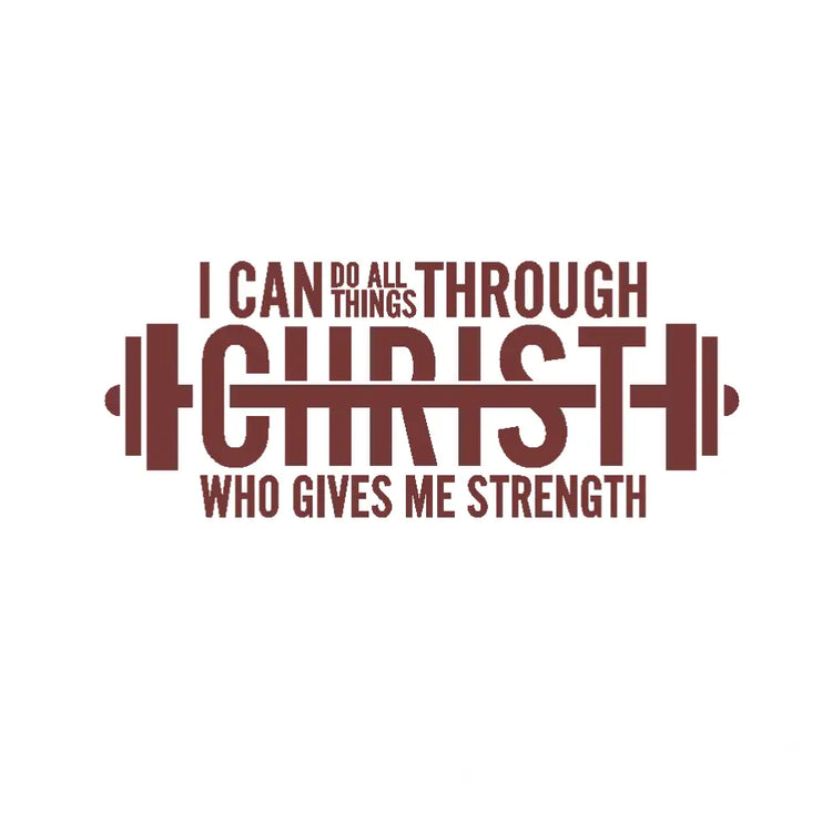 Motivational decal featuring a detailed barbell graphic and the uplifting message "I Can Do All Things Through Christ Who Gives Me Strength" in a bold, eye-catching font, available in small and large sizes to fit any car window or church gym wall, inspiring Christian athletes and fitness enthusiasts to push their limits and achieve their goals with God's strength by their side.