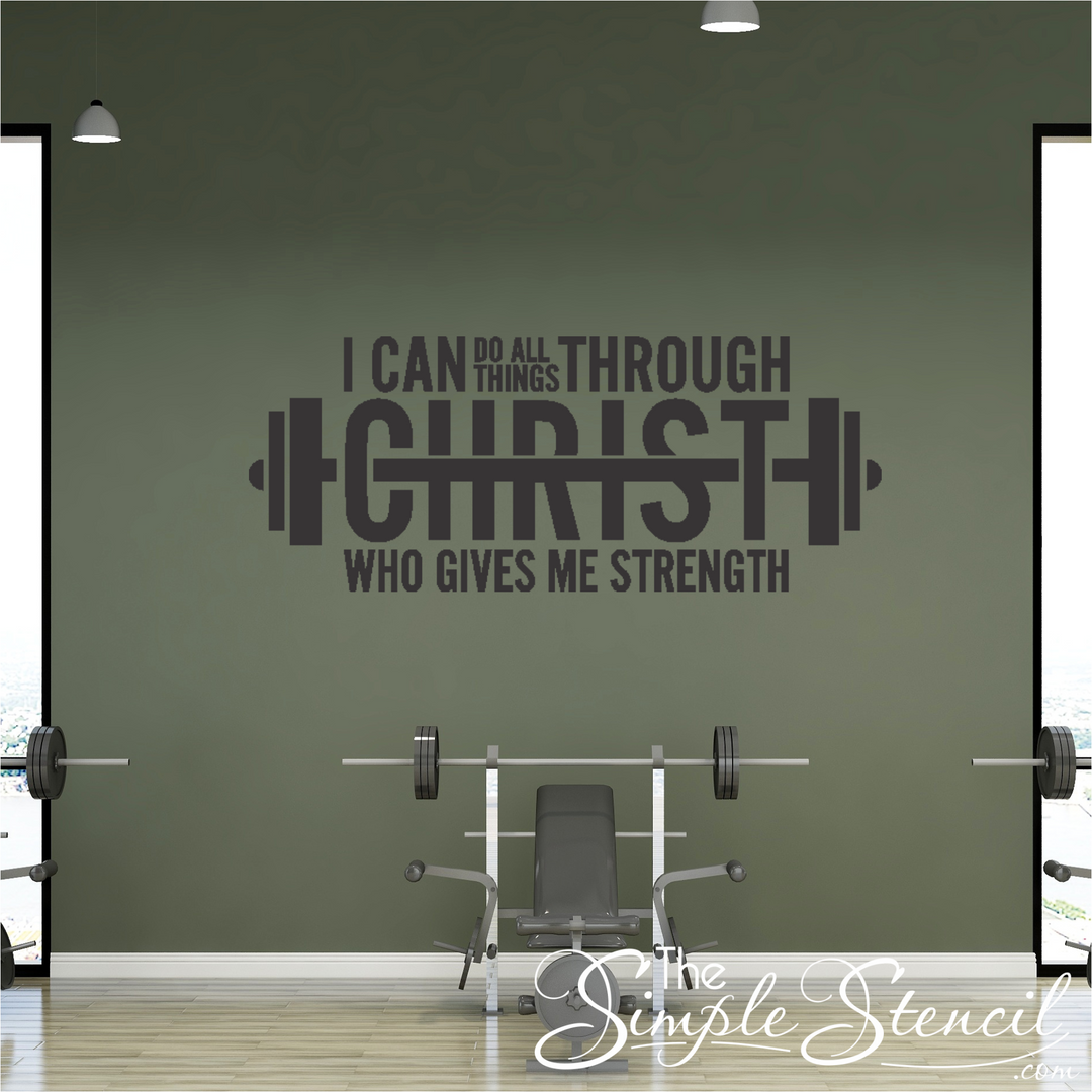 "I Can Do All Things Through Christ Who Gives Me Strength" Christian barbell decal on a church gym wall. By The Simple Stencil