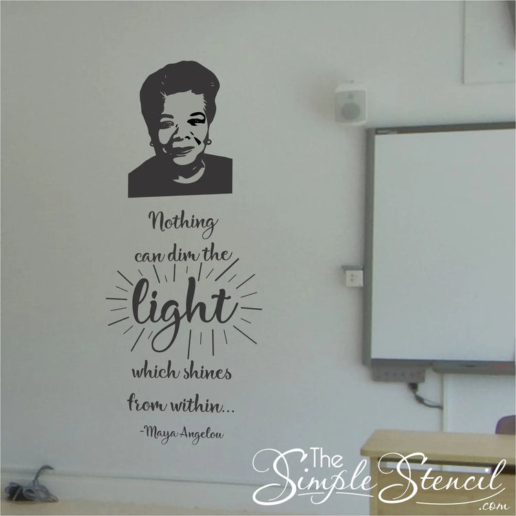 Maya Angelou wall quote decal and face silhouette displayed on a high school classroom wall to inspire and motivate in the classroom. 