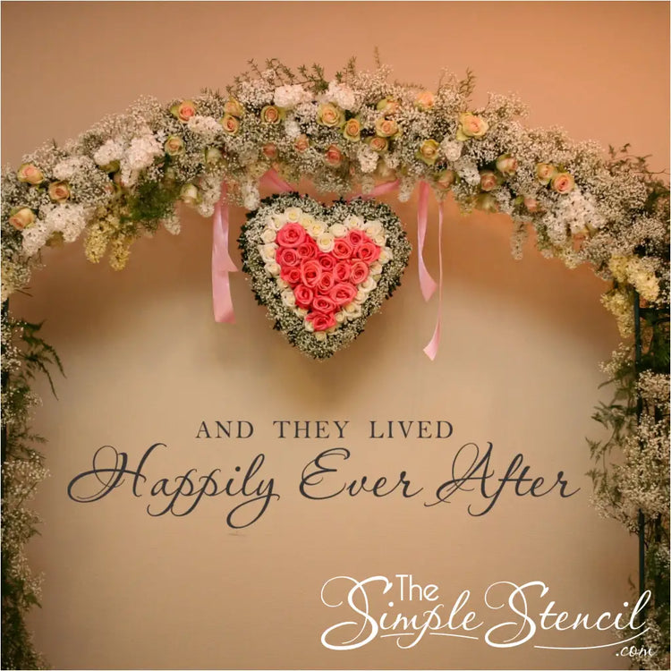 And they lived happily ever after vinyl wall decal applied to a wall during a wedding ceremony as decor during their special day. Because it's 100% removable it's perfect for temporary wedding decor on walls, windows, floors, doors, etc. 