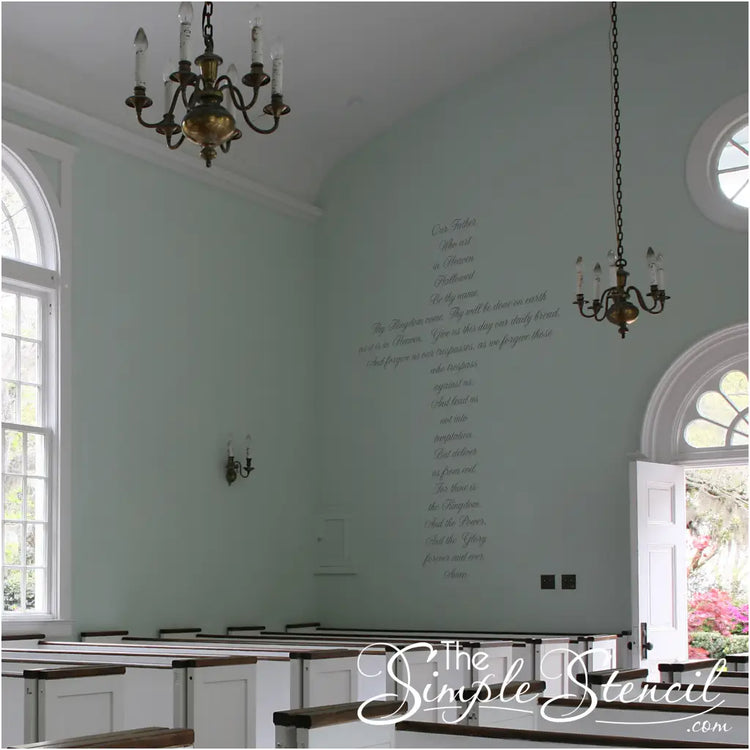 Beautiful Large Wall Decal Display On Chapel Church Wall of Lord's Prayer Cross. Beautiful Scripture Decals by The Simple Stencil 