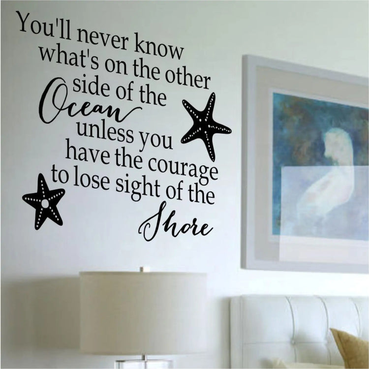Beautiful vinyl wall art decal by The Simple Stencil for any ocean or nautical themed room reads: You'll never know what's on the other side of the ocean unless you have the courage to lose sight of the shore.