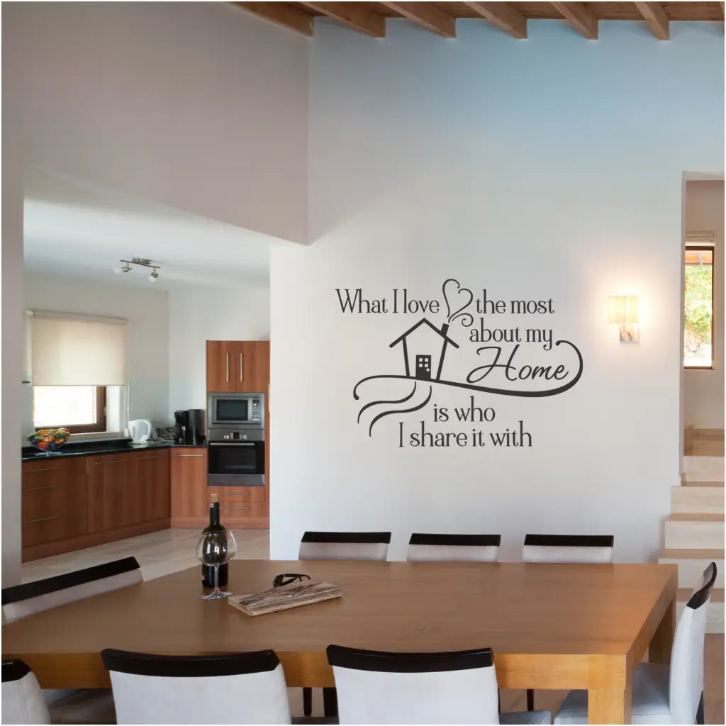 what i love most about home is who I share it with. A large vinyl wall decal displayed on a family room gathering area wall completes the room. By The Simple Stencil