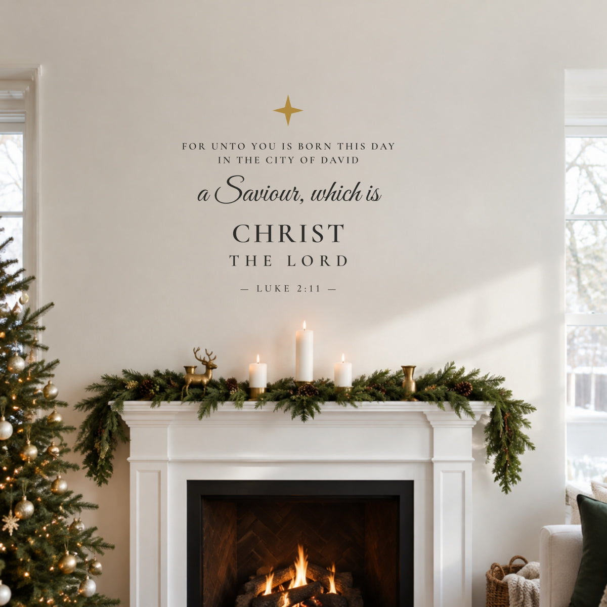 For Unto You Is Born a Savior Luke 2:11 Christmas scripture wall decal with gold star above a fireplace mantel with garland
