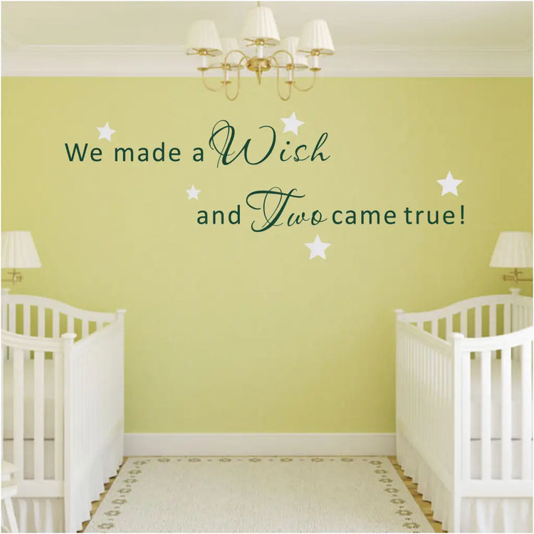 We made a wish and two came true! A beautiful wall decal for a Twin's nursery. Includes stars to surround your wall quote in any color to match your baby nursery decor. 