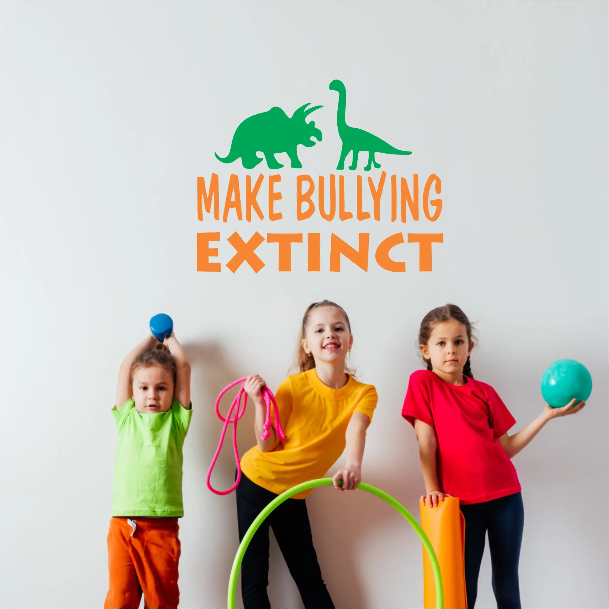 Make bullying extinct dinosaur wall decal for kids featuring green and orange dinosaurs and the text make bullying extinct