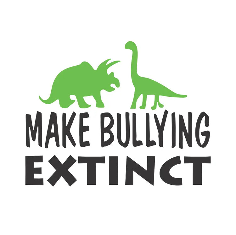 Green silhouette triceratops and long-necked dinosaur wall decal for kids with make bullying extinct text in black letters