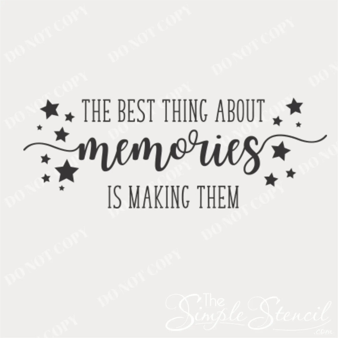 The Best Thing About Memories wall decal, installed as shown, with large 'Memories' text surrounded by stars.