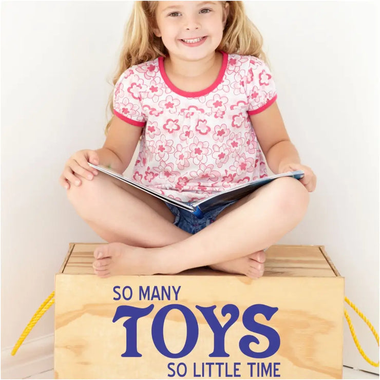 A cute vinyl decal that reads So many toys, so little time, installed on a box in a child&
