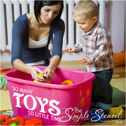 So Many Toys So Little Time decal applied to a simple plastic bin equals instant (and inexpensive) toy box for your little ones!