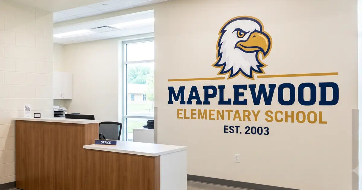 Premium custom school mascot vinyl wall graphics and welcoming office decor applied to a painted cinder block wall.