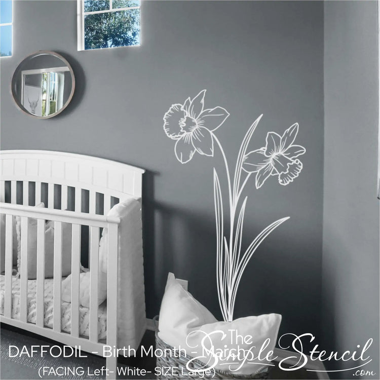Large white Daffodil wall silhouette applied to a dark grey kid's bedroom wall for a crisp, modern botanical look.