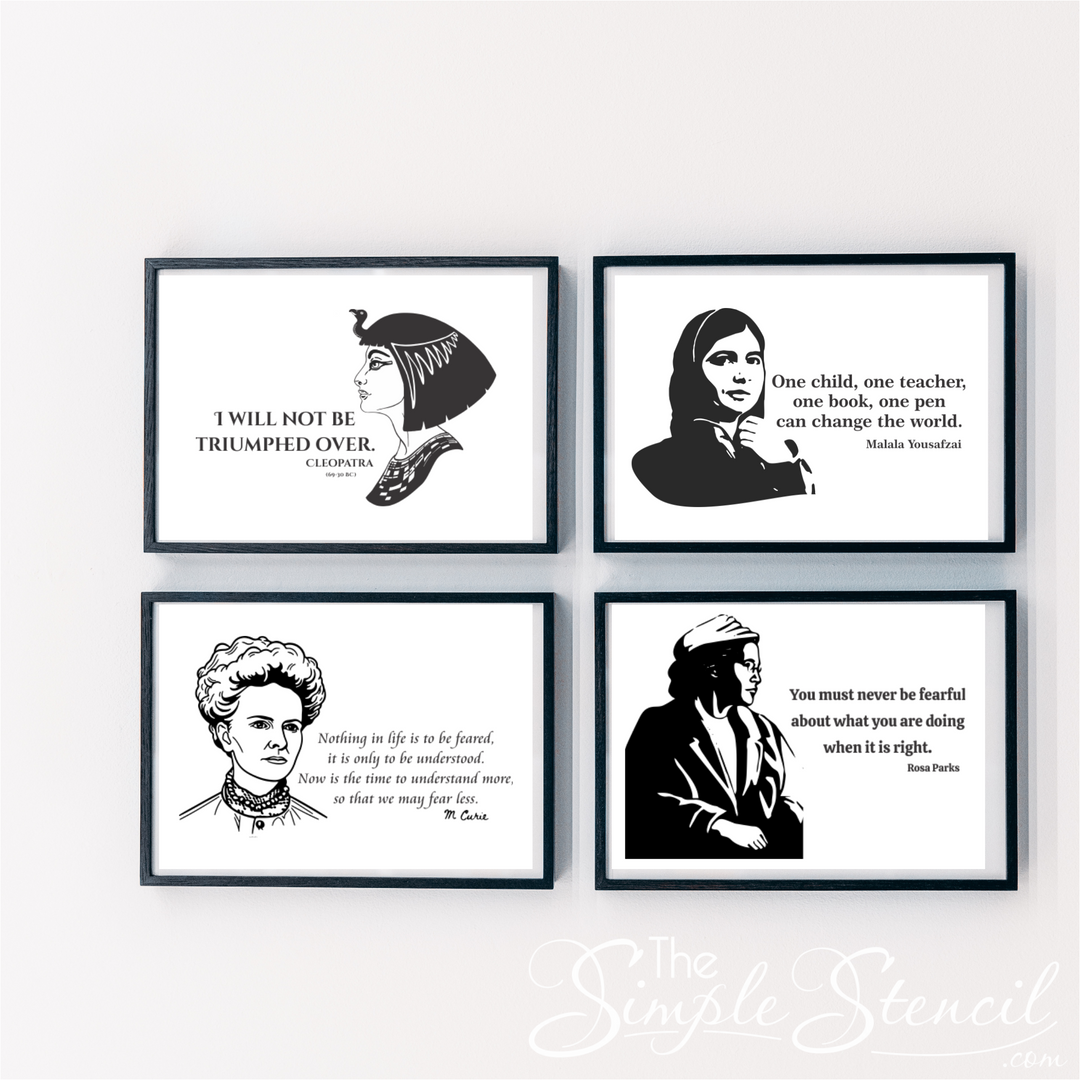 Marie Curie print in a university hallway among other women in history, honoring her contributions to science