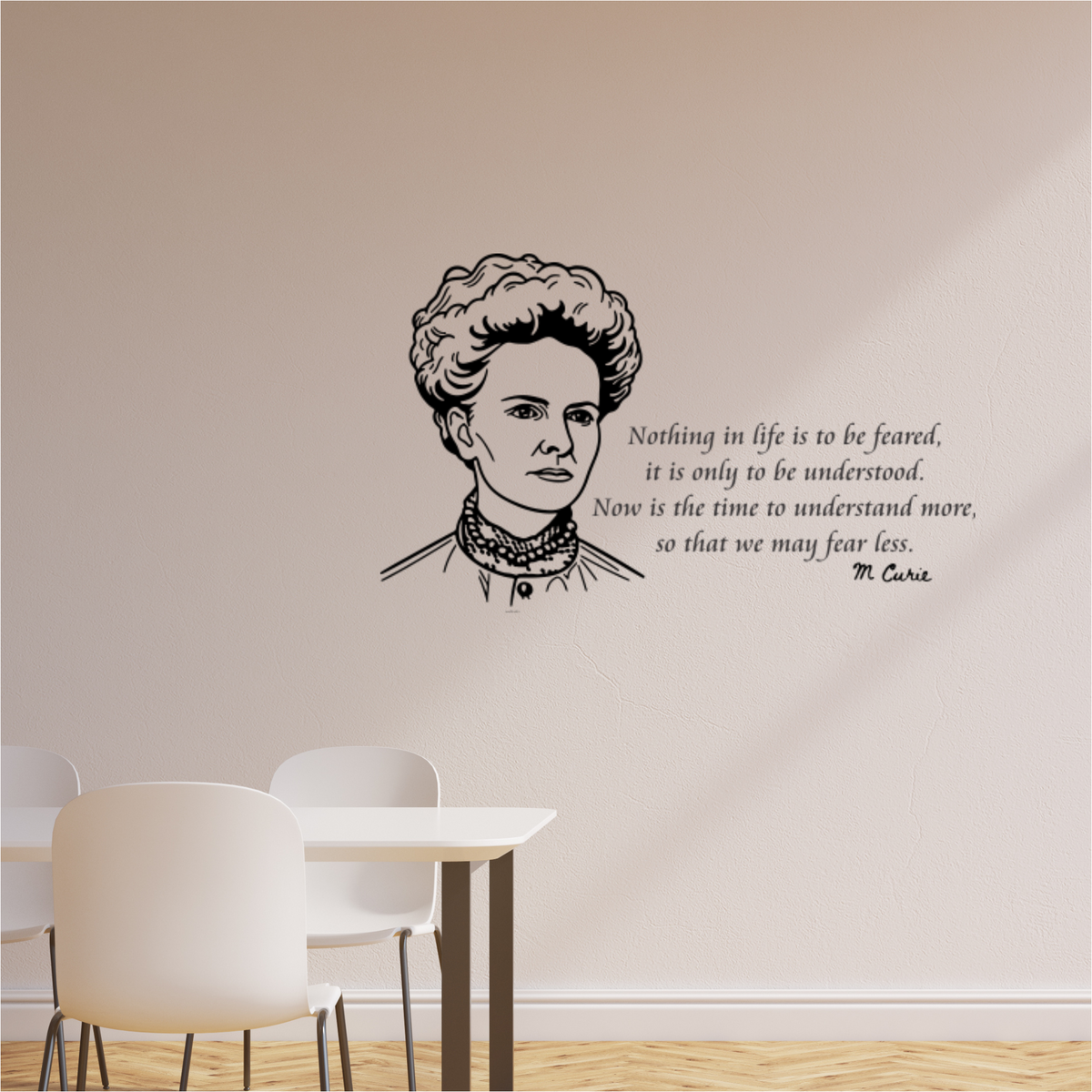 Marie Curie wall decal with quote: A close-up of the Marie Curie wall decal, showcasing the detailed silhouette and her inspiring quote about understanding and fear.