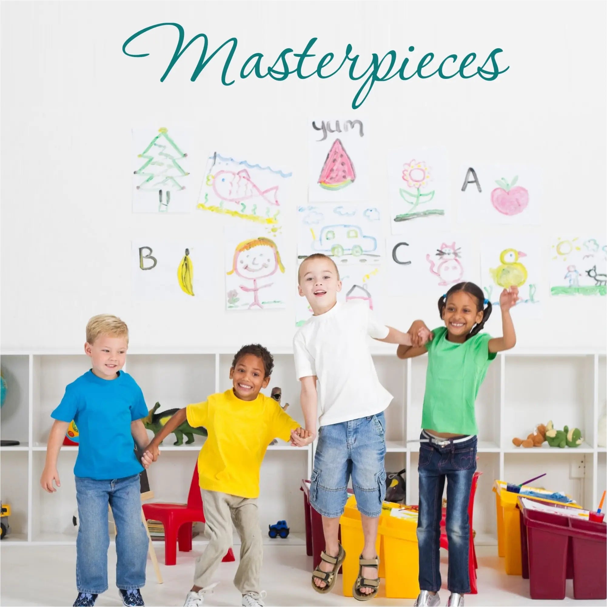 Large wall decal word that reads Masterpieces on a child's playroom or classroom wall so that kid's artwork can be displayed below.