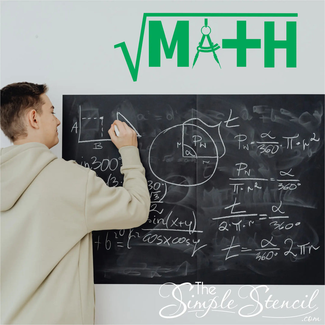 A bright green "MATH" wall decal positioned above a chalkboard filled with complex geometry and algebra equations. A male student is seen writing on the board, showcasing how this math classroom wall decor adds a professional and educational touch to a learning environment.