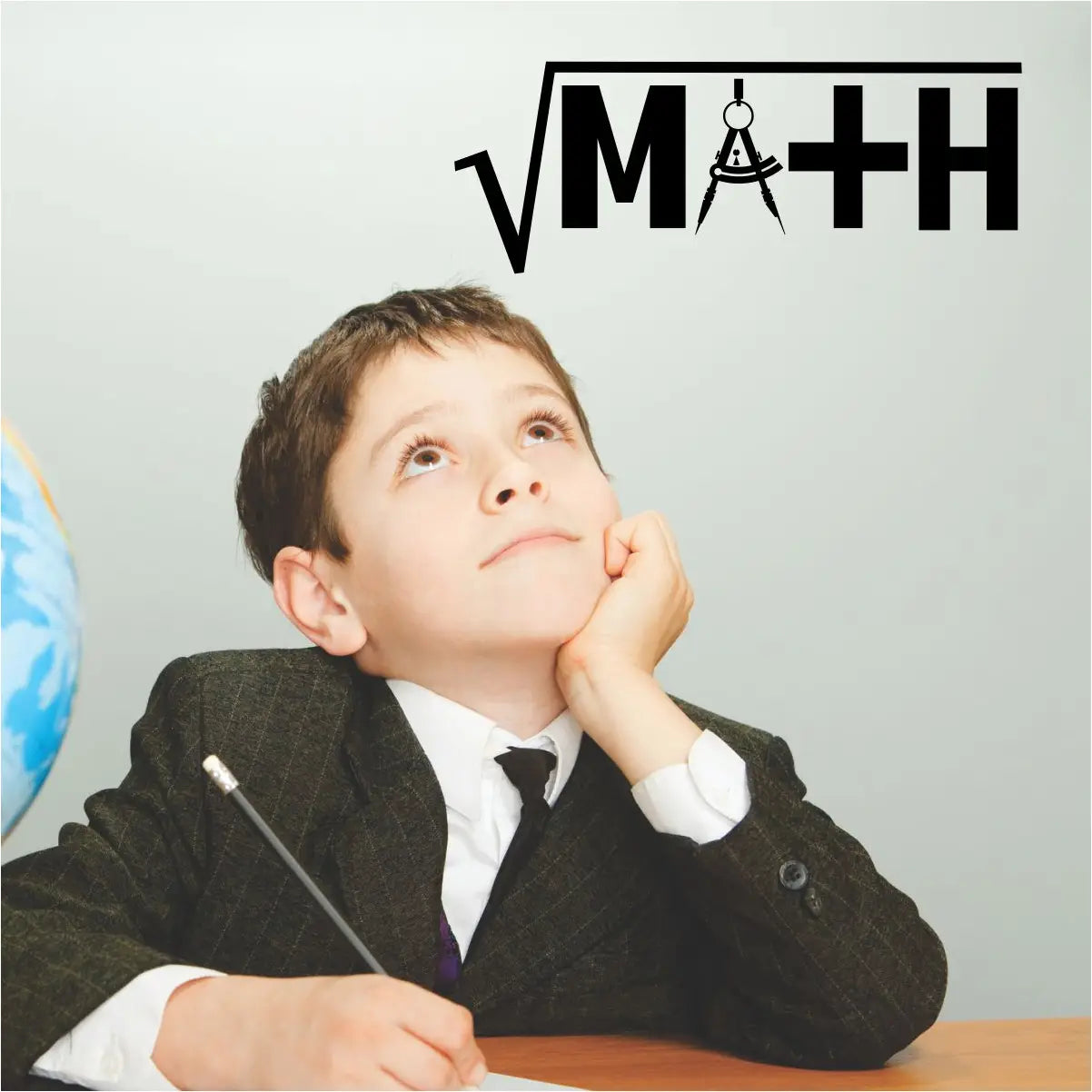 Math Decal in Black placed on classroom wall where a student is studying and learning.