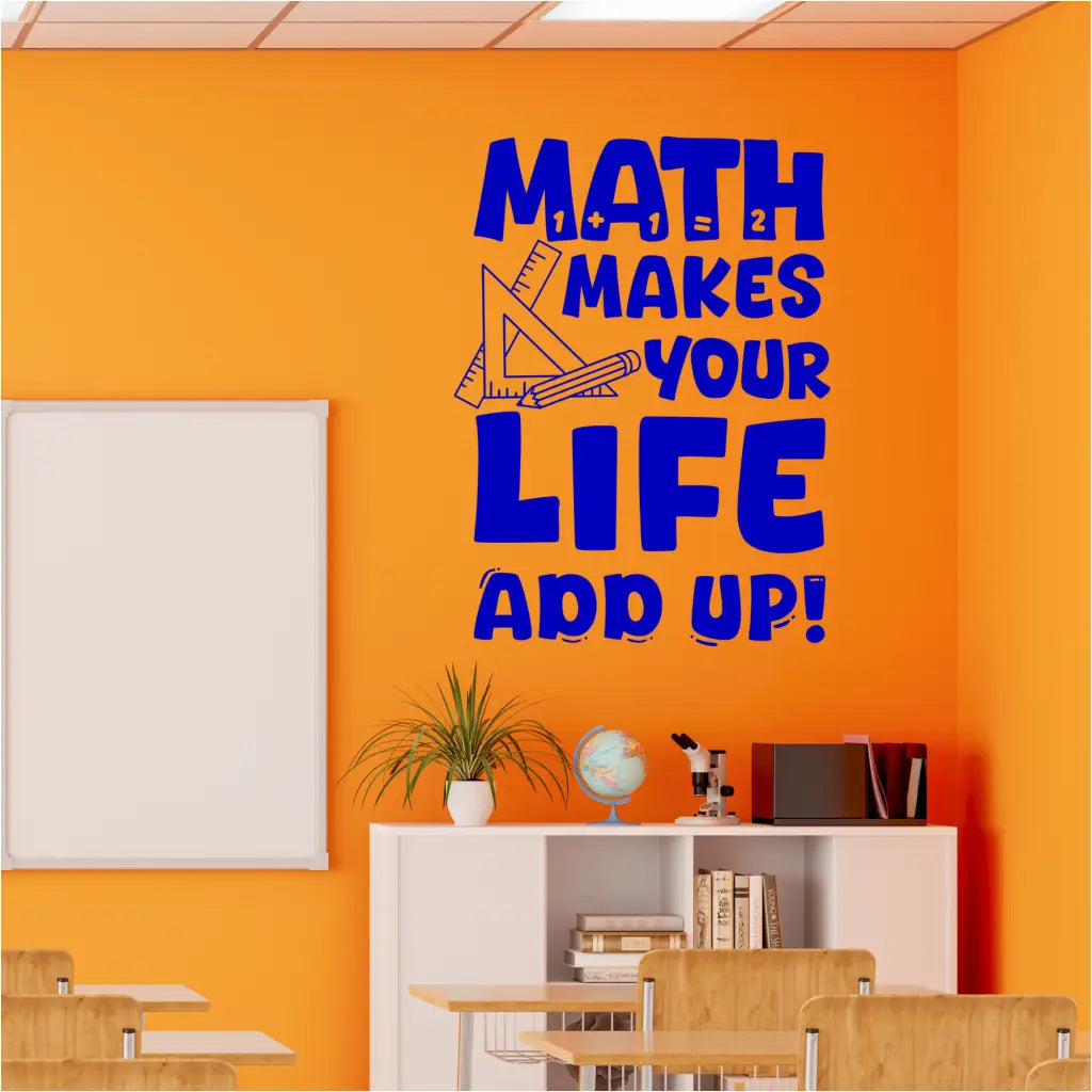 Math Wall Decal with Inspirational Quote that reads: Math makes your life add up! Perfect decor for a math classroom