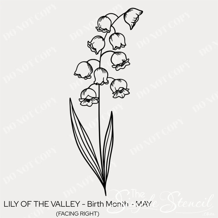 Close up detail of the May Lily of the Valley birth flower silhouette showing the delicate bell shapes and matte line art.