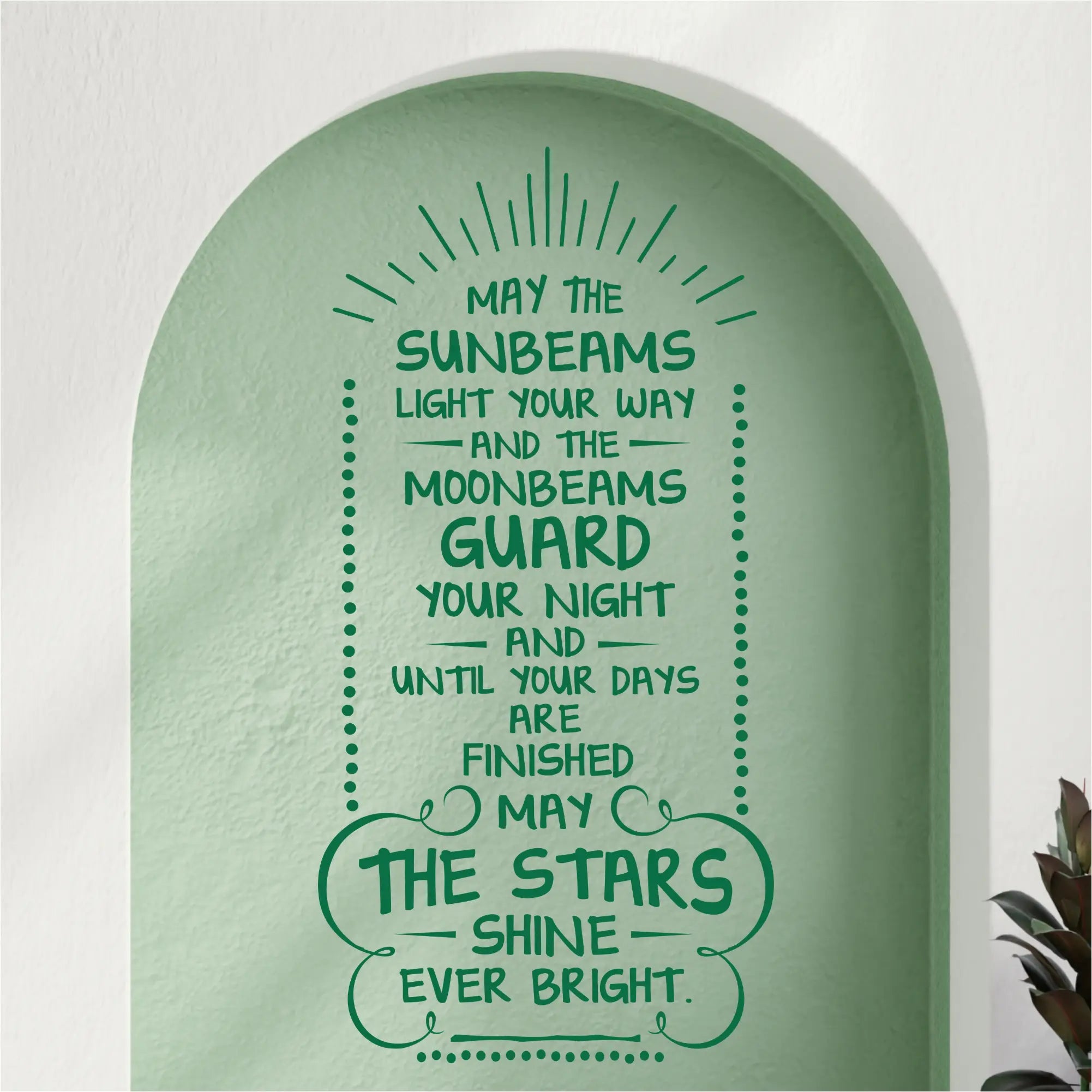 Irish quote wall lettering in green applied inside a modern arched wall niche, showcasing a traditional blessing as a peaceful home decor accent.