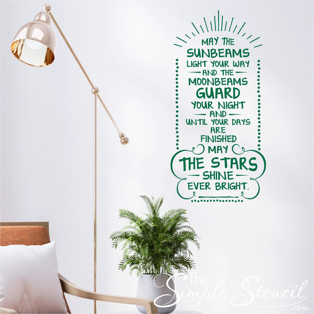May The Sunbeams Light Your Way | Irish Blessing Wall Quote Decal - showing on a small reading nook wall. 