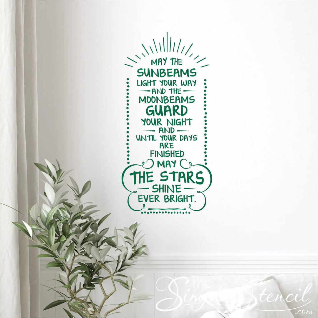 Vertical Irish blessing decal displayed on a bright white living room wall next to a houseplant, highlighting seasonal St. Patrick's Day wall decor ideas.