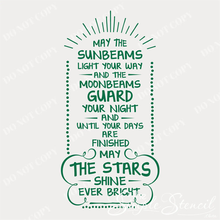 Graphic mockup of an Irish proverb wall decal featuring 'May the sunbeams light your way' in a decorative green font, ideal for Saint Patrick's Day gifting.