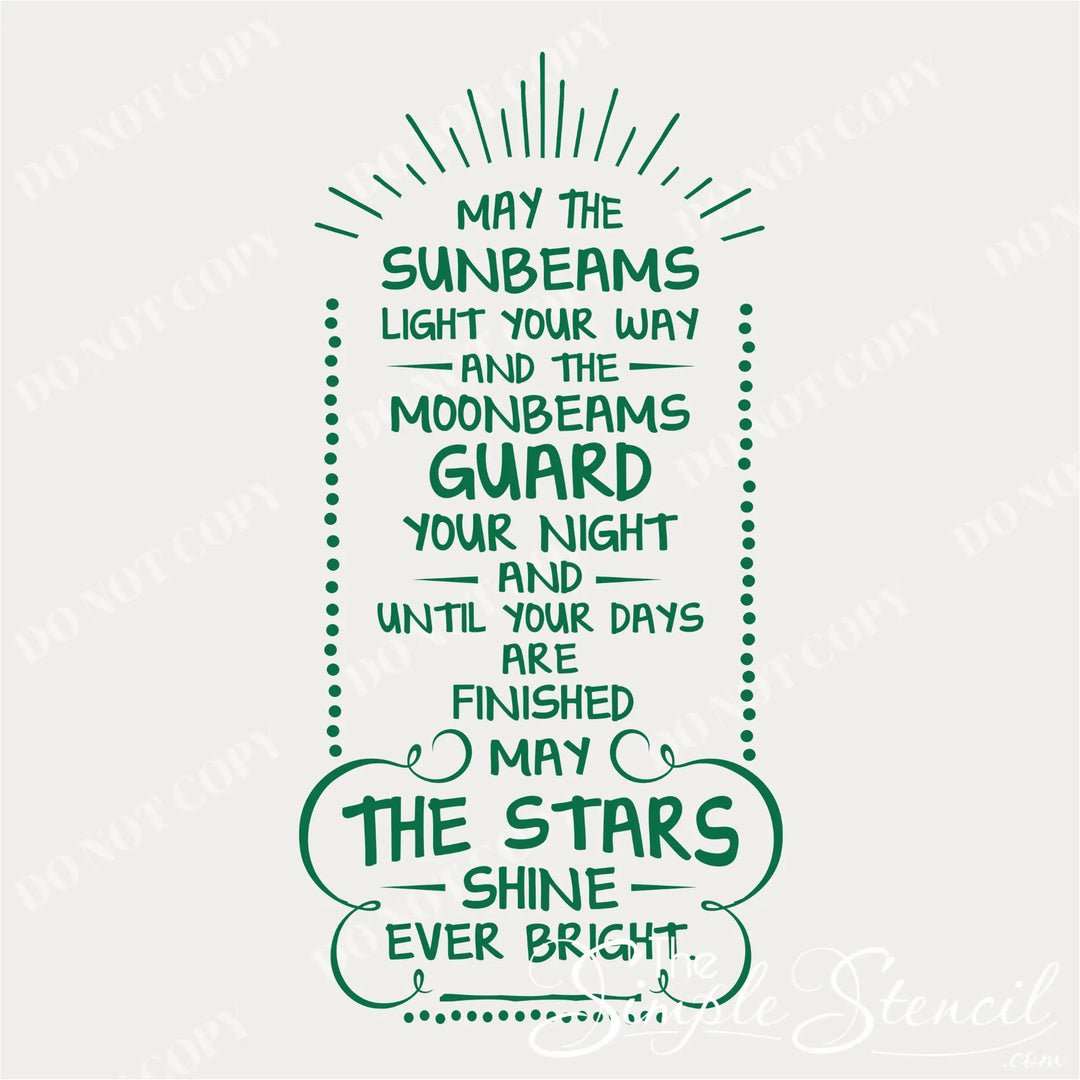 Graphic mockup of an Irish proverb wall decal featuring 'May the sunbeams light your way' in a decorative green font, ideal for Saint Patrick's Day gifting.