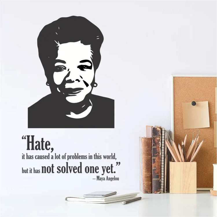 Maya Angelou Silhouette  wall decal with inspirational quote shown on wall over desk adds inspirational decor. By The Simple Stencil