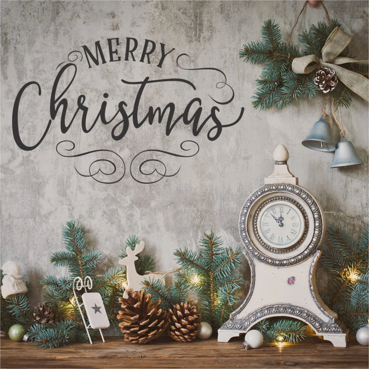 Merry Christmas Fancy Oval Wall Window Or Door Decal - Pretty old fashioned Merry Christmas design decal in many sizes and colors for easy holiday display by The Simple Stencil