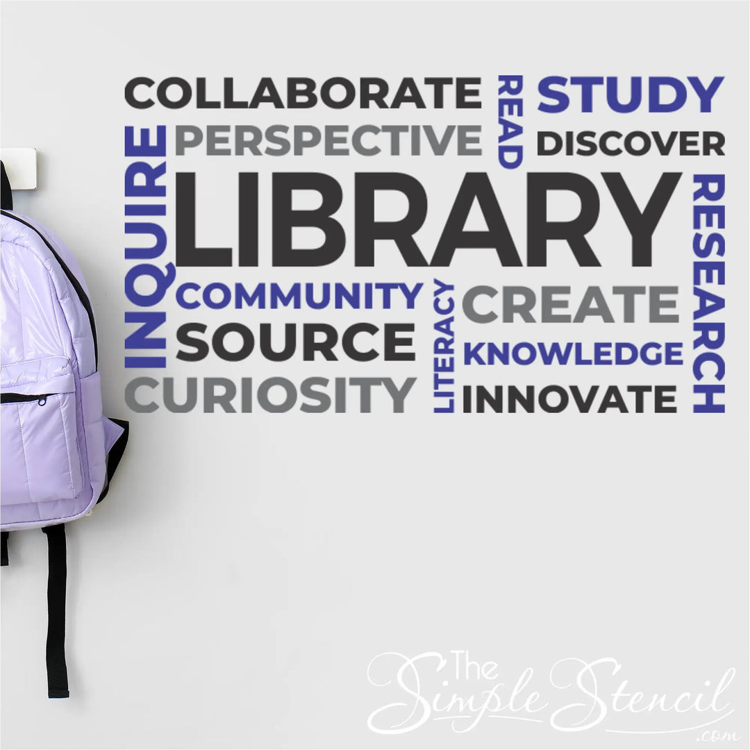 A compact version of the academic library word wall sticker in dark grey and purple, scaled perfectly for a small school reading corner.