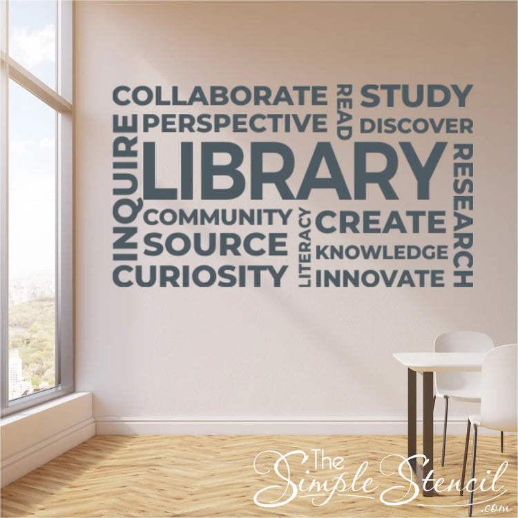 Minimalist charcoal slate grey single-color library word cloud wall decal styled in a modern, bright secondary school study room.