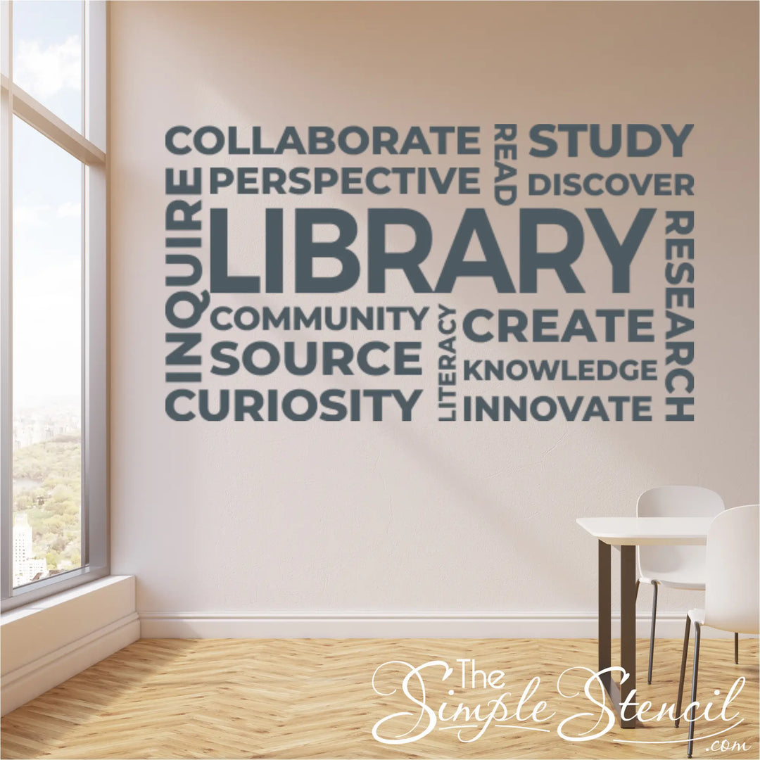 Minimalist charcoal slate grey single-color library word cloud wall decal styled in a modern, bright secondary school study room.
