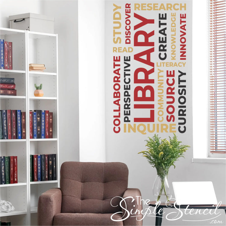 Medium-sized library word cloud decal oriented vertically in a custom red, gold, and black school color theme on a narrow column wall.