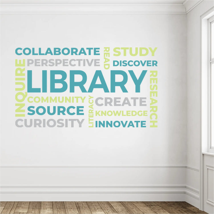 Large high school library typography word cloud decal featuring a soothing mix of teal, sage green, and light grey lettering on a clean school wall.